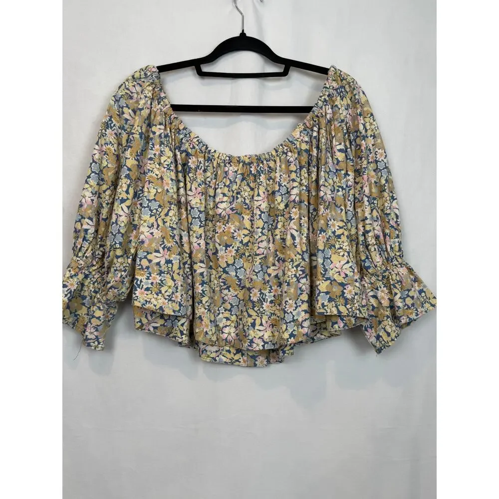 NWT Free People Floral Puff Sleeve Crop Top Size M Light Blue MSRP $128